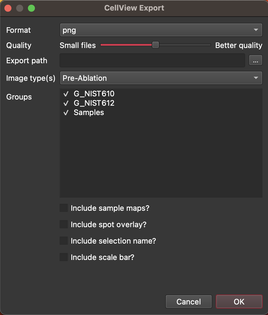 A screenshot of the CellView Export Dialog