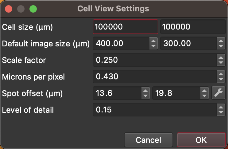 A screenshot of the CellView Settings dialog