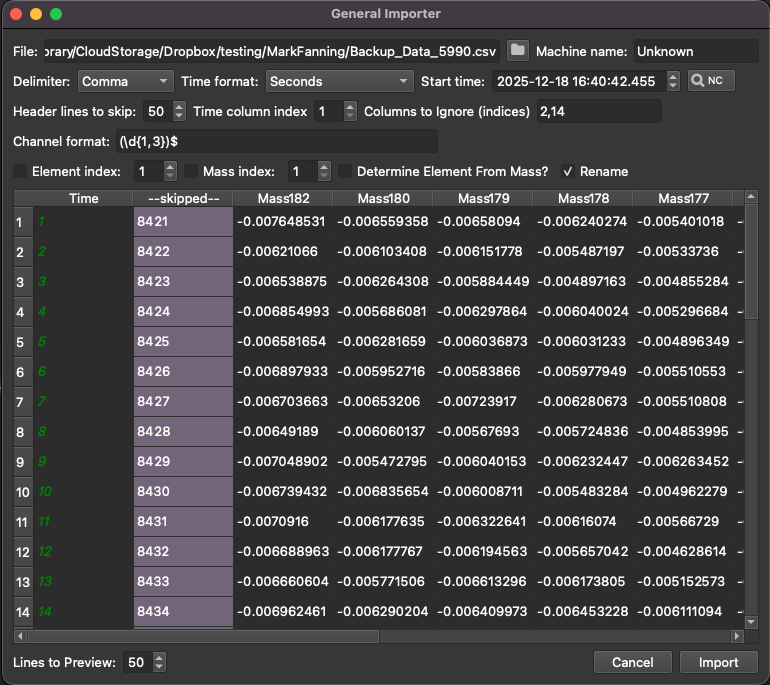 screenshot of the General Importer window