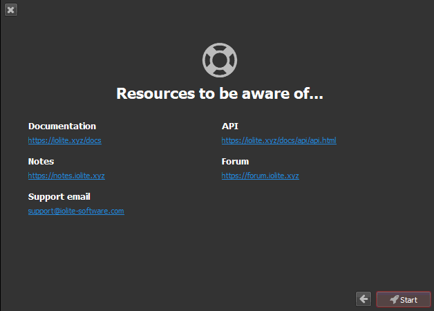 The fifth setup window showing support resources for iolite - screenshot