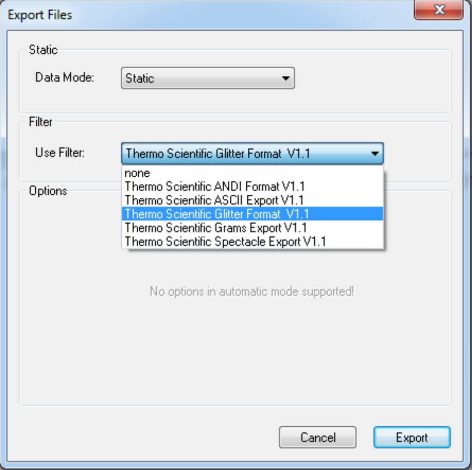 Selecting options for export from Thermo to iolite