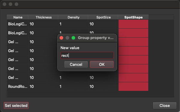 Screenshot of the thickness and density config table