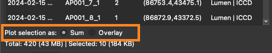 A screenshot showing the Sum and Overlay options at the bottom of the Spectra Table