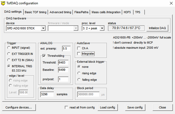 A screenshot of TofDaqRec DAQ settings