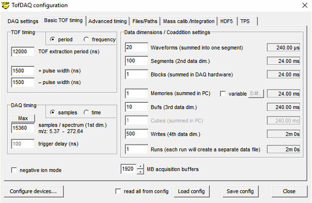 A screenshot of TofDaqRec basic TOF timing settings