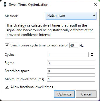 Dwell times optimization dialog