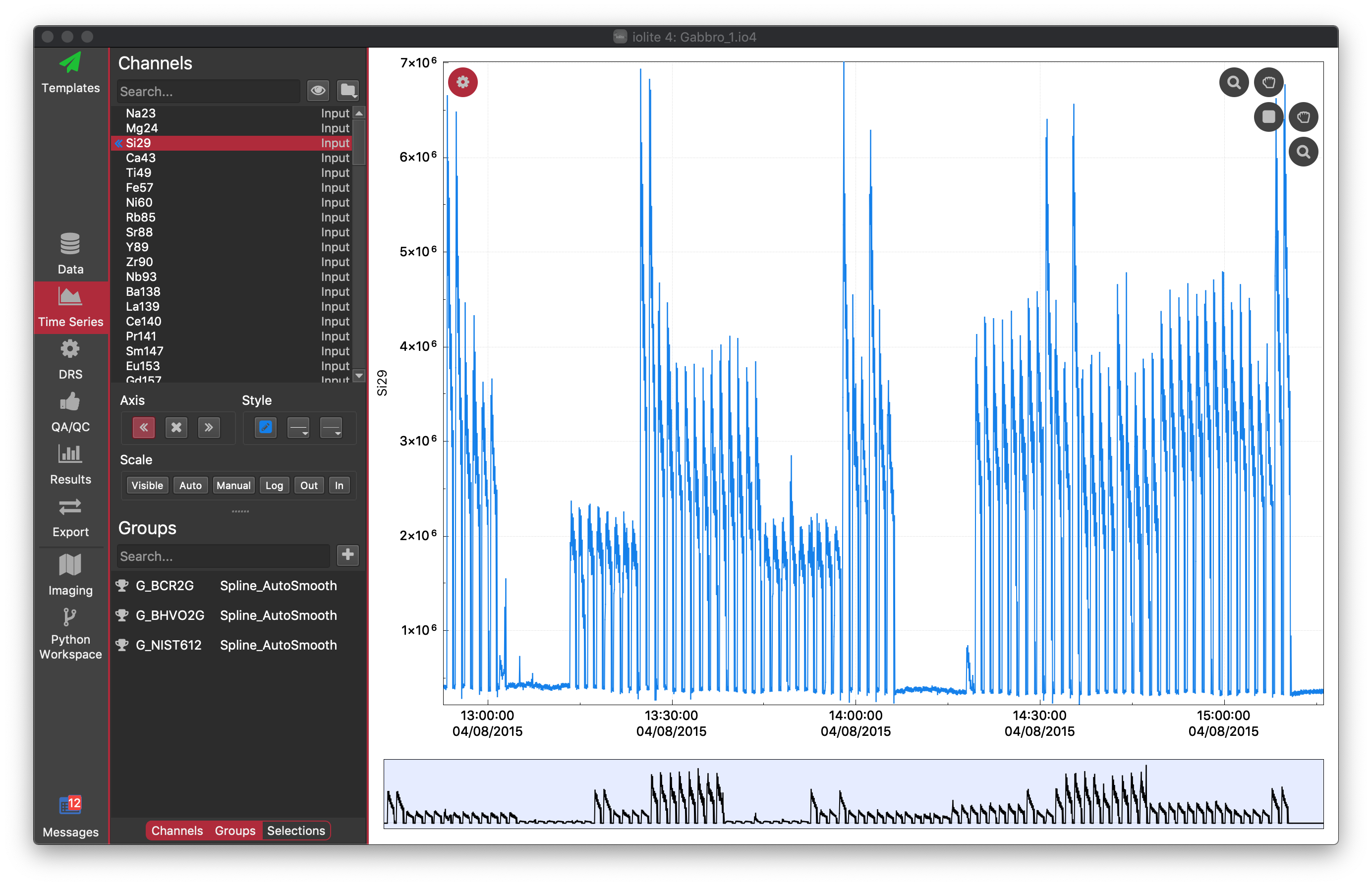 iolite time series view gabbros example showing settings panel