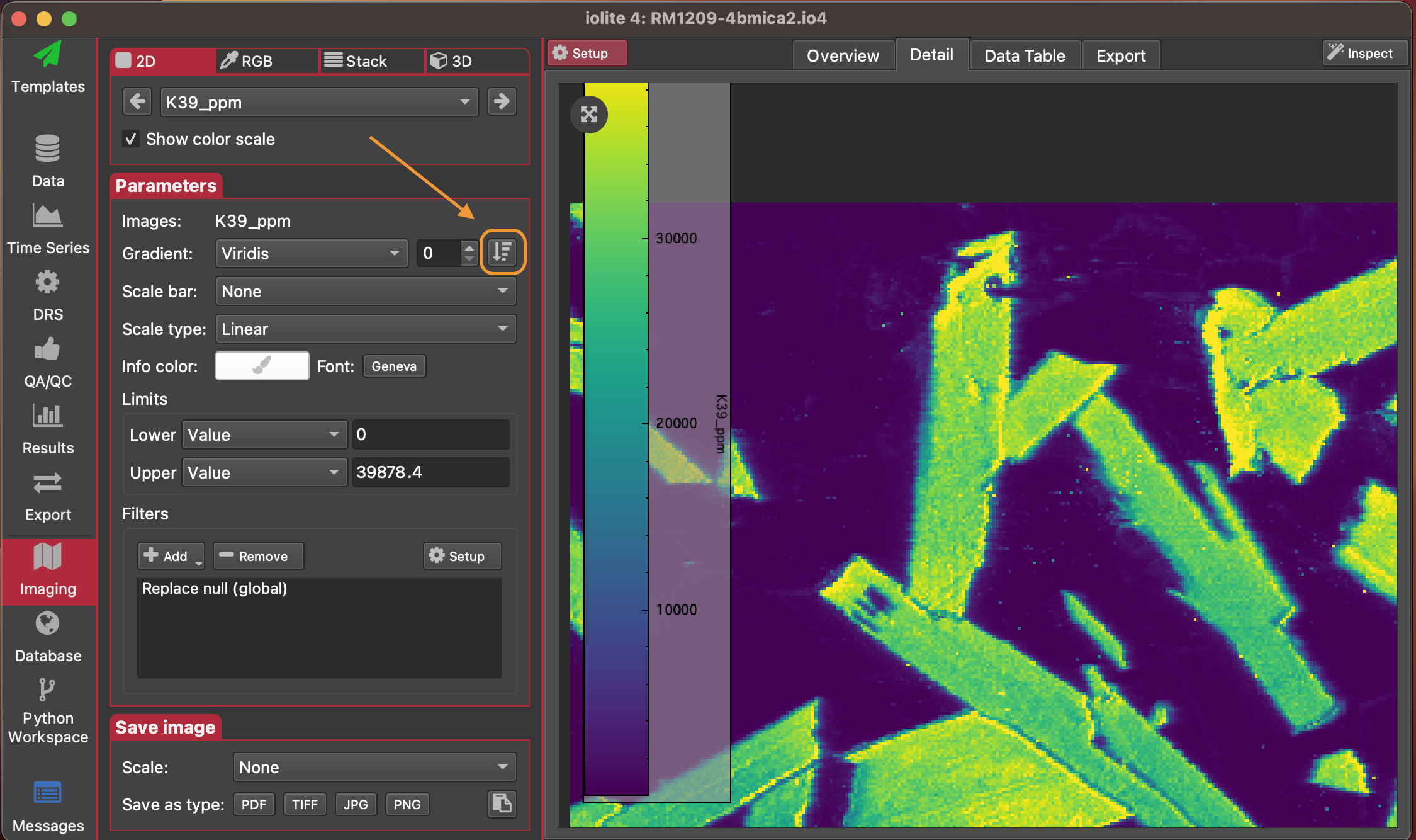 A screenshot of the Imaging Tab in iolite showing the location of the Invert colorscale button