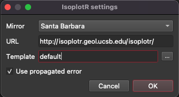 A screenshot of the IsoplotR settings window