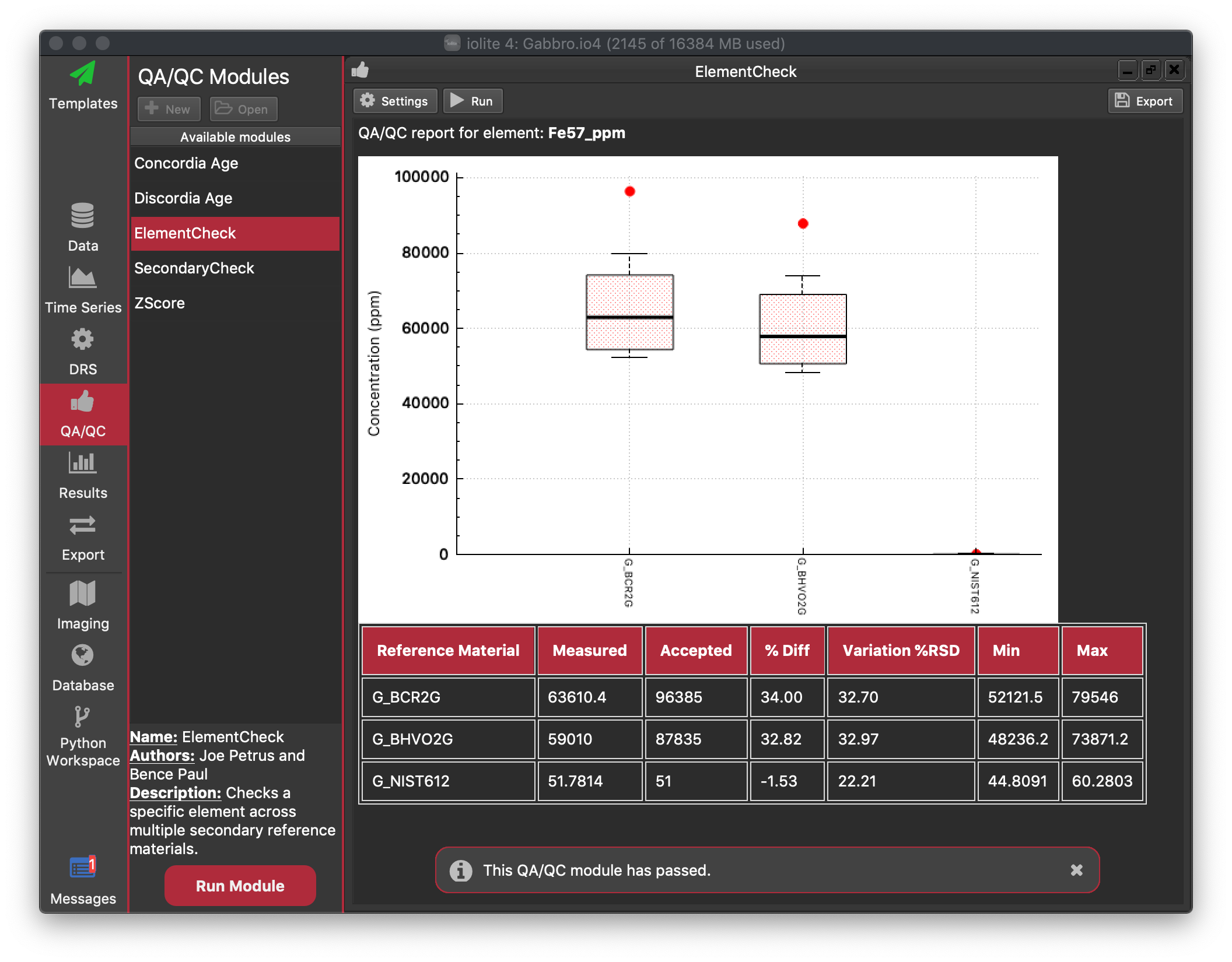 iolite ElementCheck QAQC module example