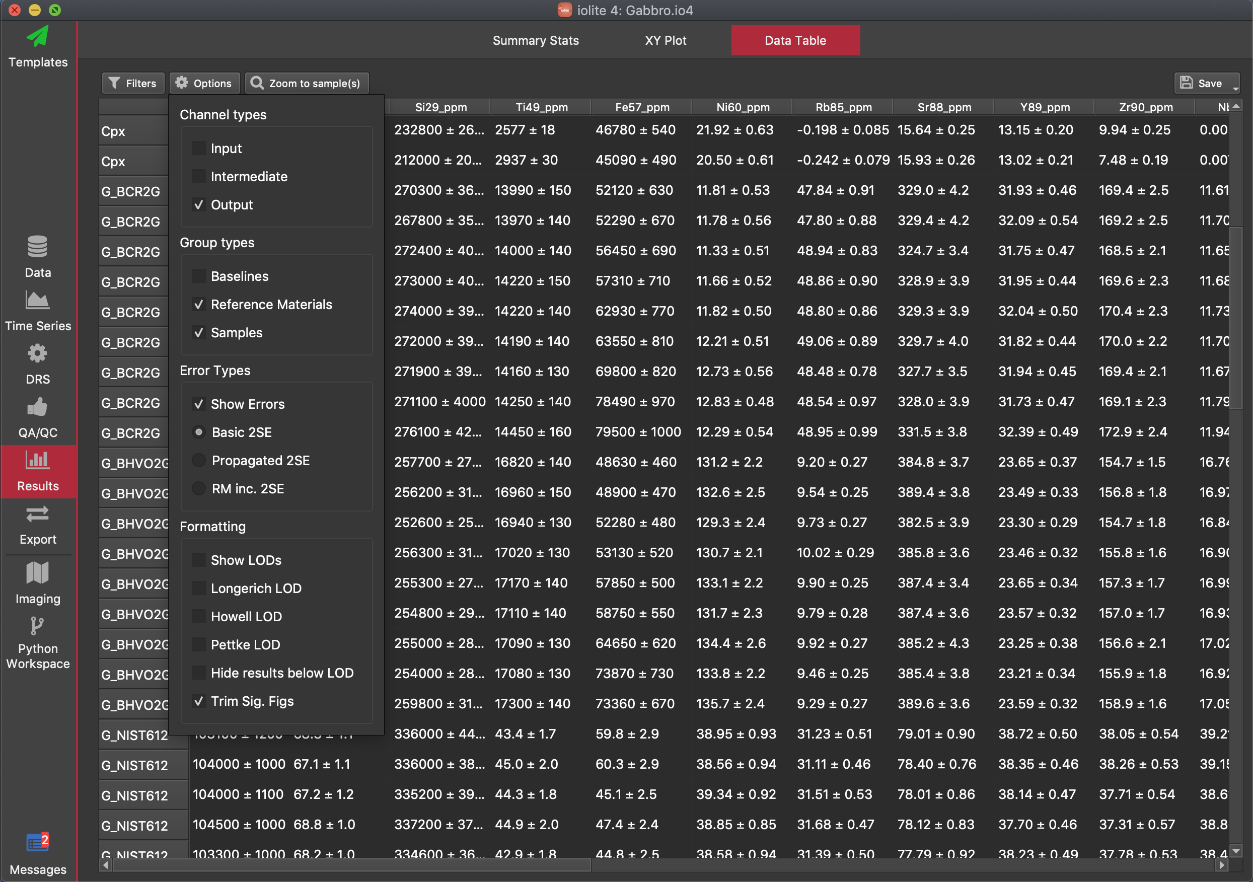 iolite Results Data Table image